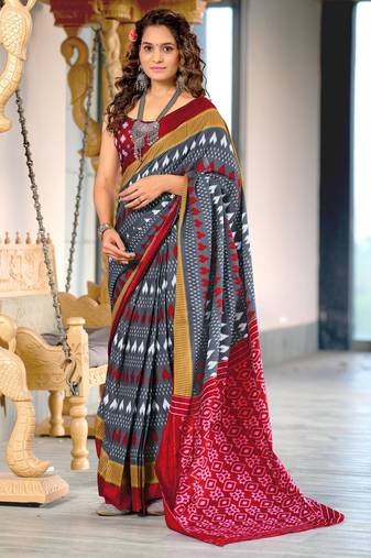 Grey printed cotton saree with blouse piece