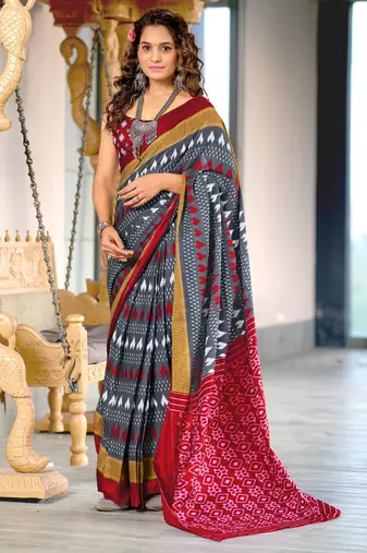 Grey printed cotton saree with blouse piece