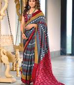 Grey printed cotton saree with blouse piece