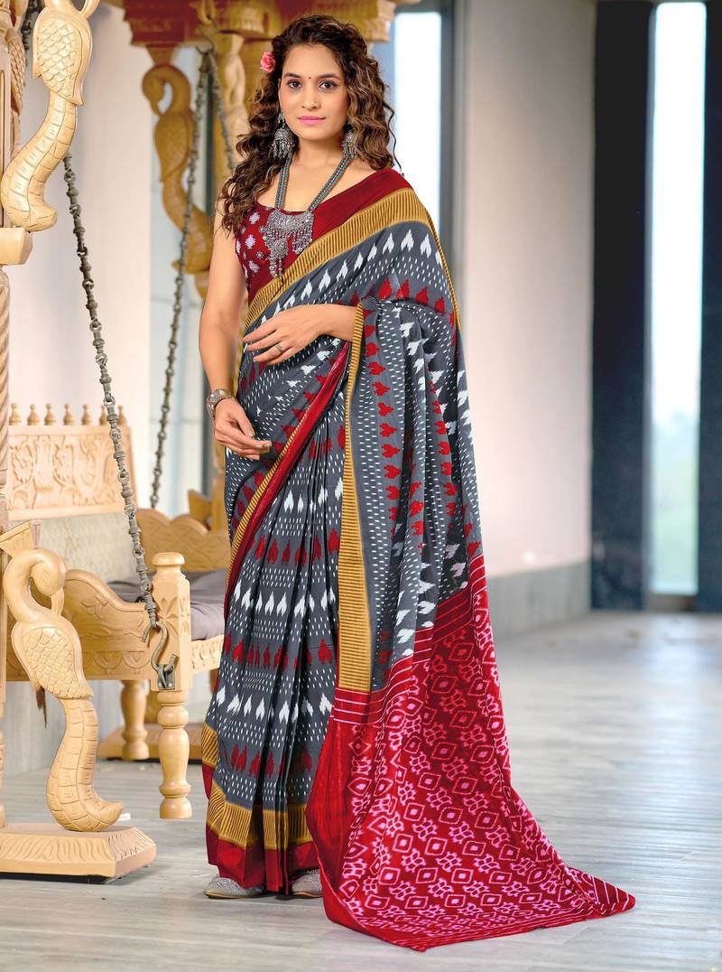Grey printed cotton saree with blouse piece