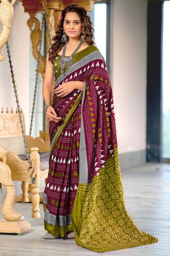 Wine printed cotton saree with blouse piece