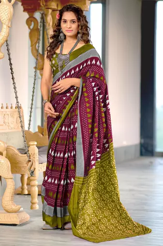 Wine printed cotton saree with blouse piece