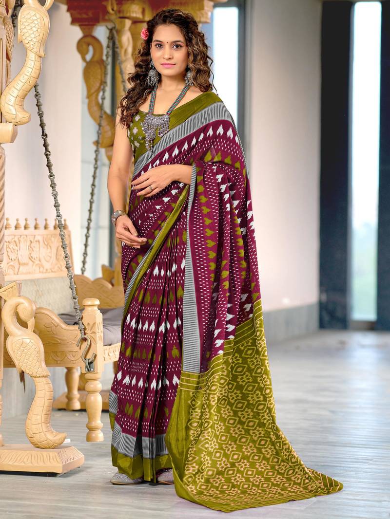Wine printed cotton saree with blouse piece