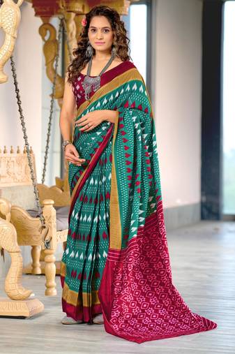 Turquoise printed cotton saree with blouse piece