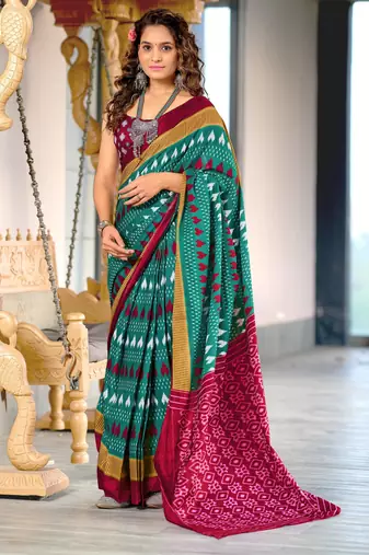 Turquoise printed cotton saree with blouse piece