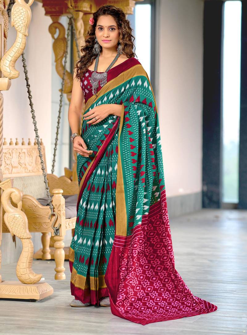 Turquoise printed cotton saree with blouse piece