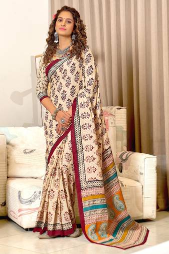 Turquoise printed cotton saree with blouse piece