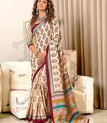 Turquoise printed cotton saree with blouse piece