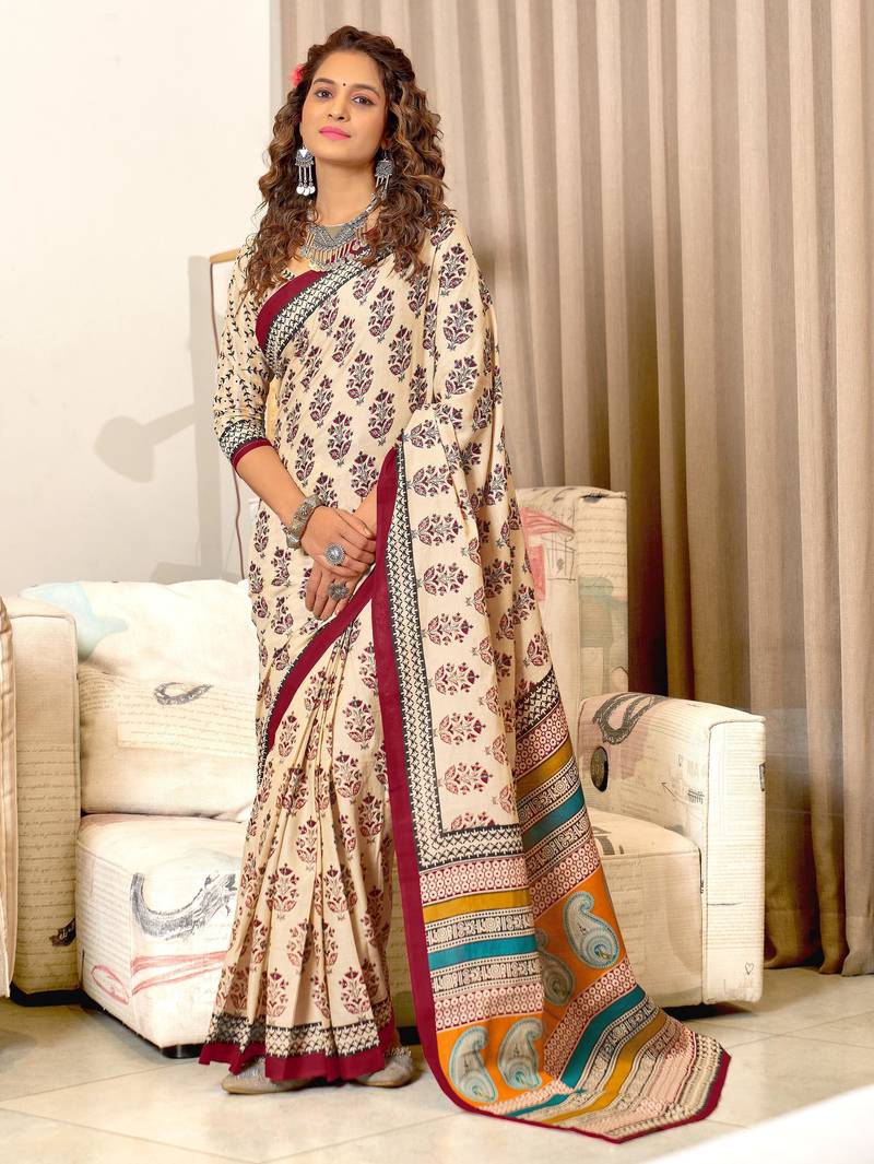 Turquoise printed cotton saree with blouse piece