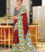 Maroon printed cotton saree with blouse piece