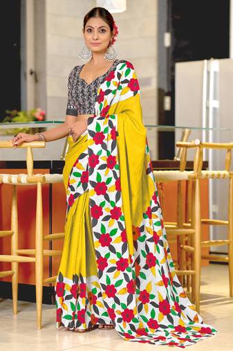 Yellow printed cotton saree with blouse piece