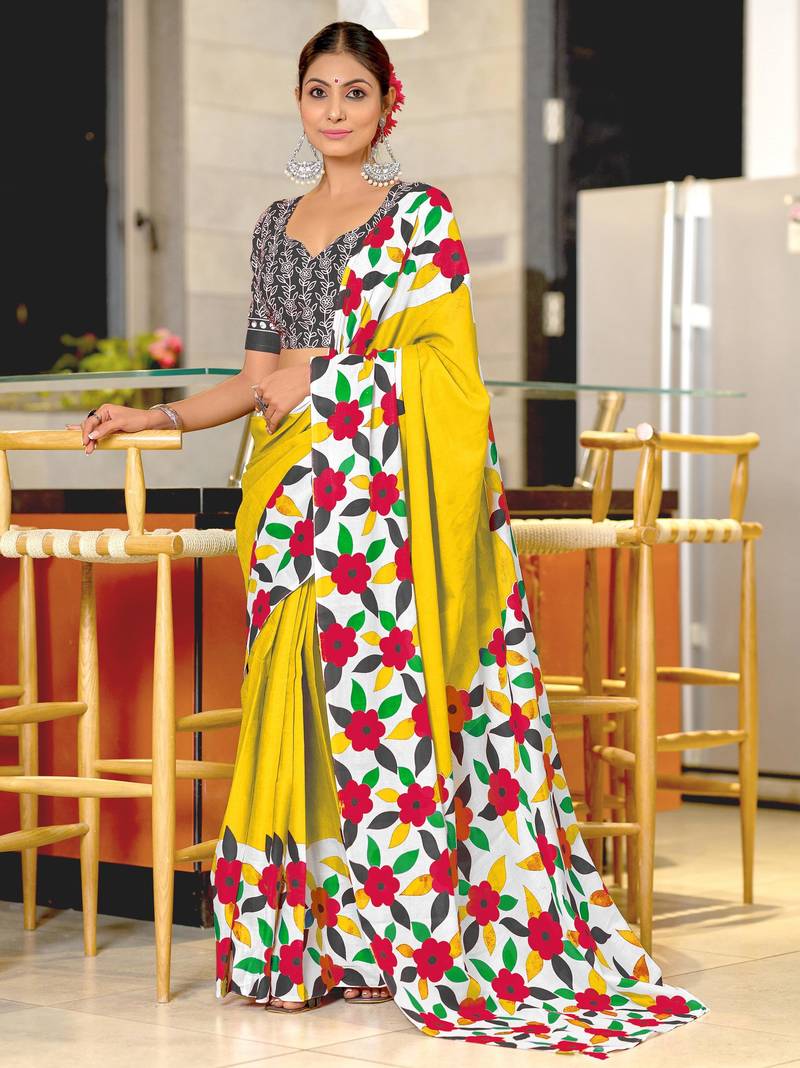 Yellow printed cotton saree with blouse piece