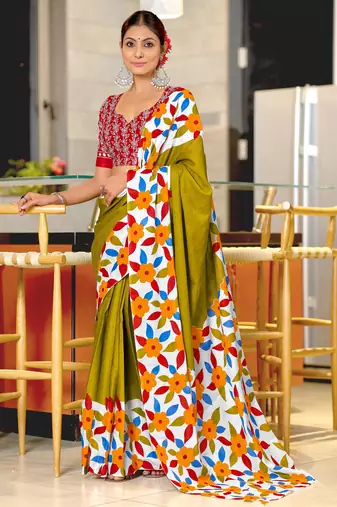 Mehendi printed cotton saree with blouse piece