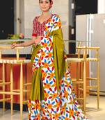 Mehendi printed cotton saree with blouse piece