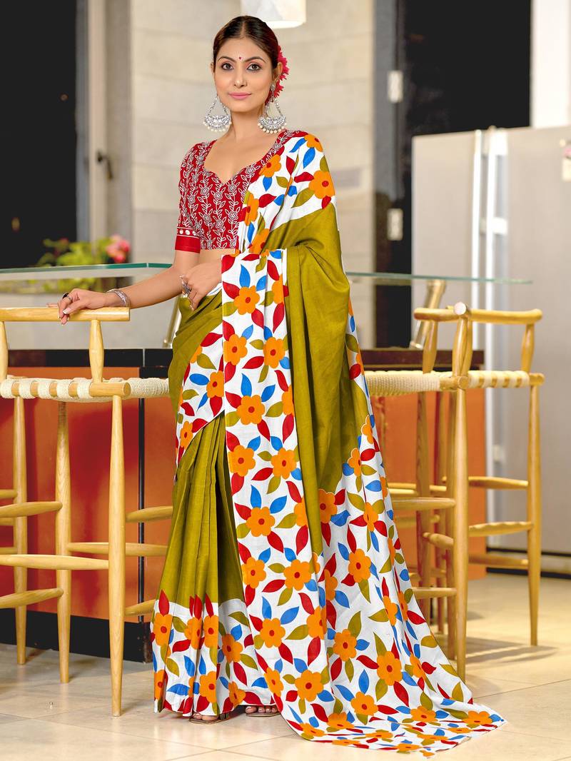 Mehendi printed cotton saree with blouse piece