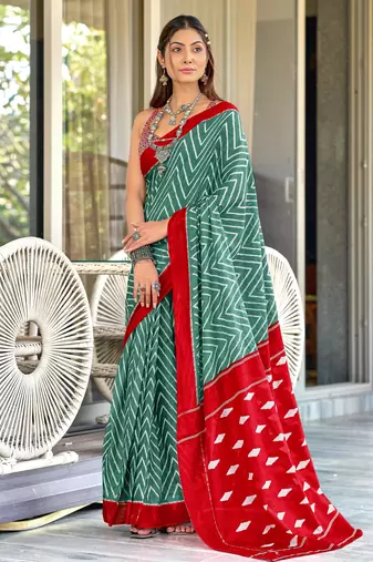 Green printed cotton saree with blouse piece