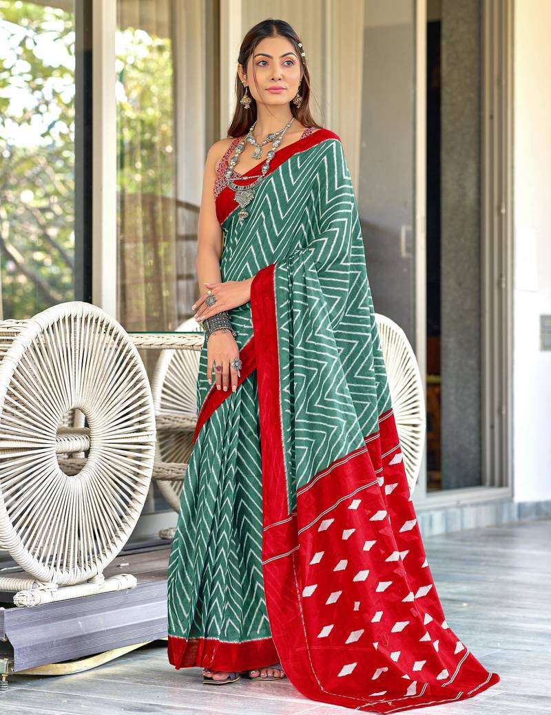 Green printed cotton saree with blouse piece