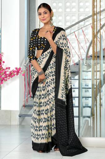 Black printed cotton saree with blouse piece