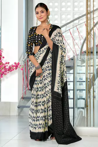 Black printed cotton saree with blouse piece