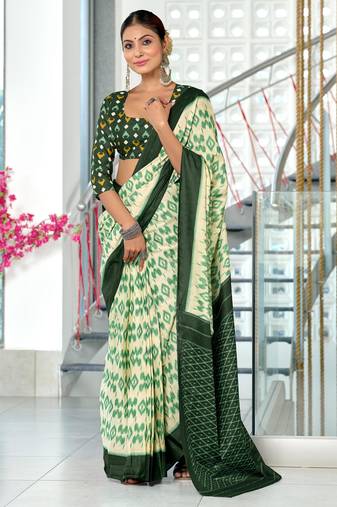 Green printed cotton saree with blouse piece