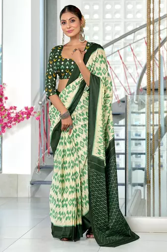 Green printed cotton saree with blouse piece
