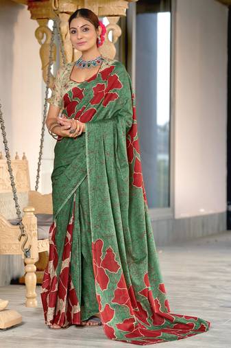 Green printed cotton saree with blouse piece