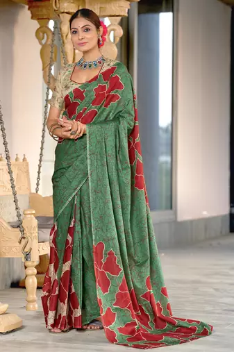 Green printed cotton saree with blouse piece