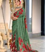 Green printed cotton saree with blouse piece
