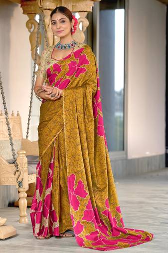Mustard printed cotton saree with blouse piece