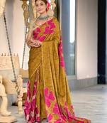 Mustard printed cotton saree with blouse piece