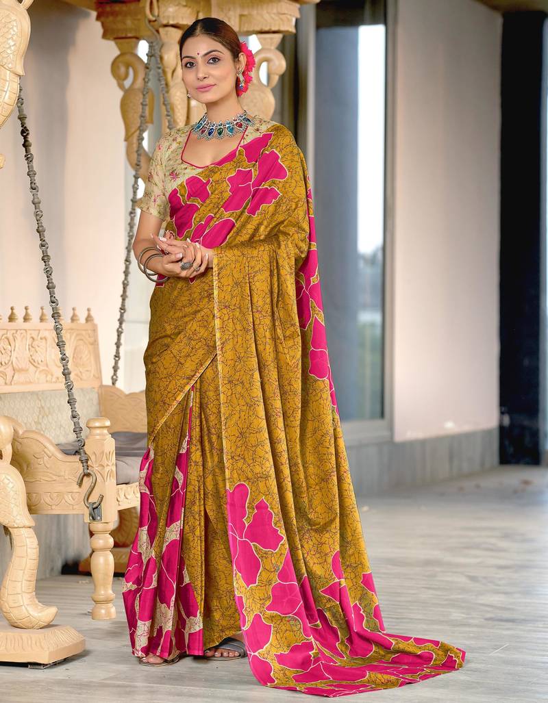 Mustard printed cotton saree with blouse piece