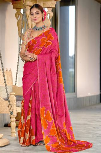 Pink printed cotton saree with blouse piece