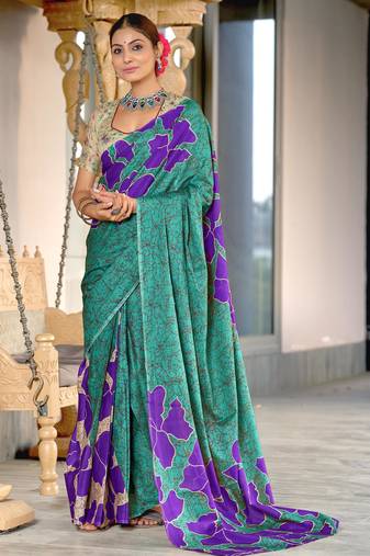Turquoise printed cotton saree with blouse piece