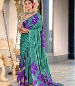 Turquoise printed cotton saree with blouse piece