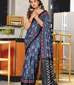 Grey printed cotton saree with blouse piece