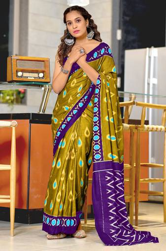 Mehendi printed cotton saree with blouse piece