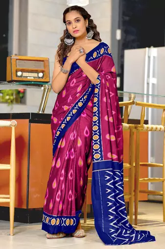 Wine printed cotton saree with blouse piece