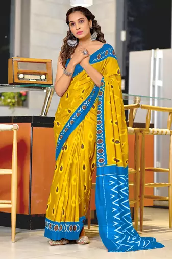 Yellow printed cotton saree with blouse piece