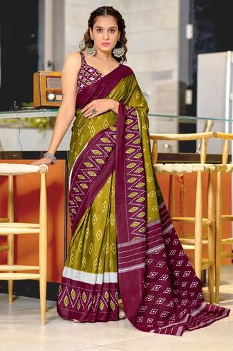 Mehendi printed cotton saree with blouse piece