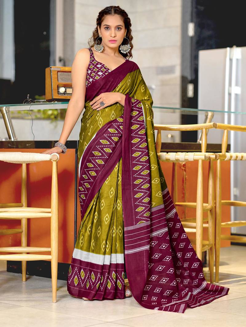 Mehendi printed cotton saree with blouse piece