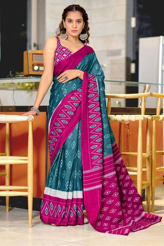 Turquoise printed cotton saree with blouse piece