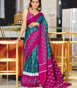 Turquoise printed cotton saree with blouse piece