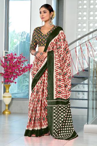 Red printed cotton saree with blouse piece