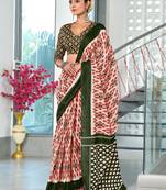 Red printed cotton saree with blouse piece