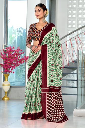 Green printed cotton saree with blouse piece
