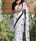 White printed cotton saree with blouse piece