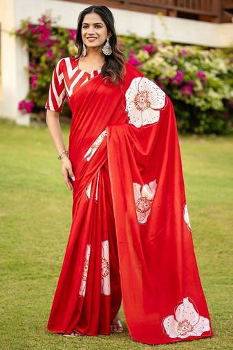 Red printed cotton saree with blouse piece