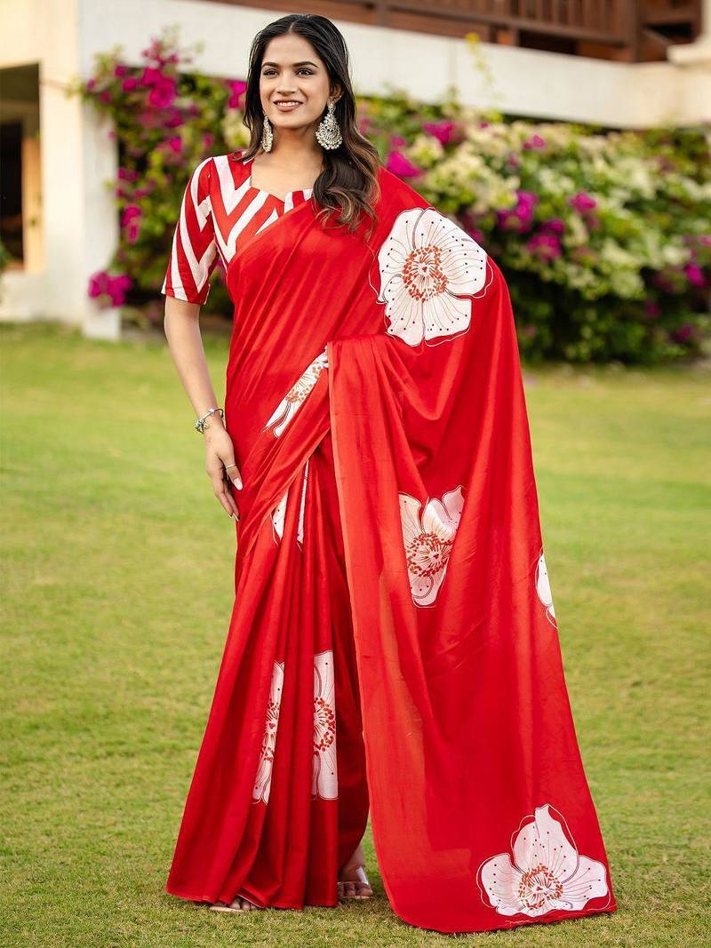 Red printed cotton saree with blouse piece
