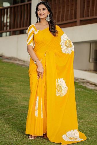 Yellow printed cotton saree with blouse piece