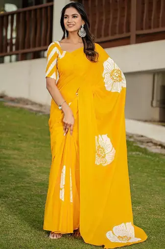 Yellow printed cotton saree with blouse piece